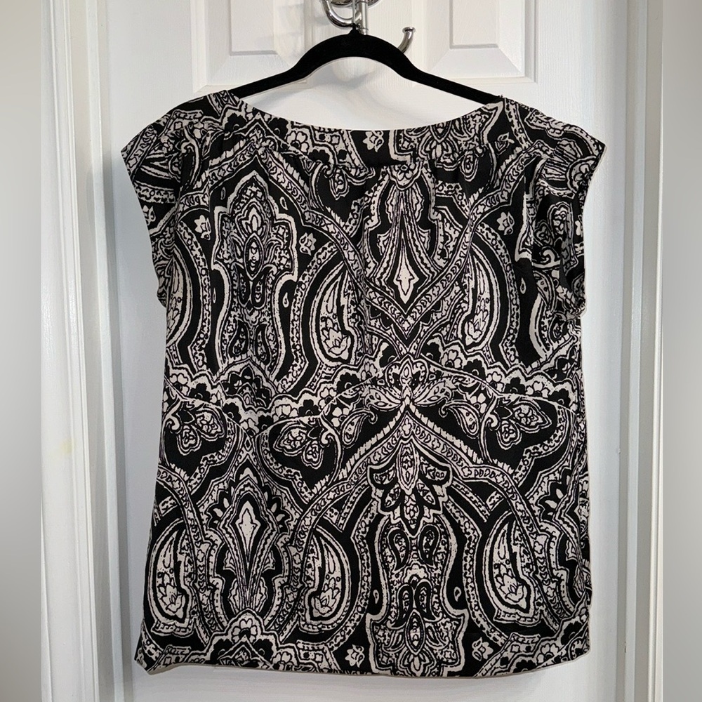 TALBOTS Petites Black/Light Grey Boatneck Pull-on silky feel Blouse, Size 12P